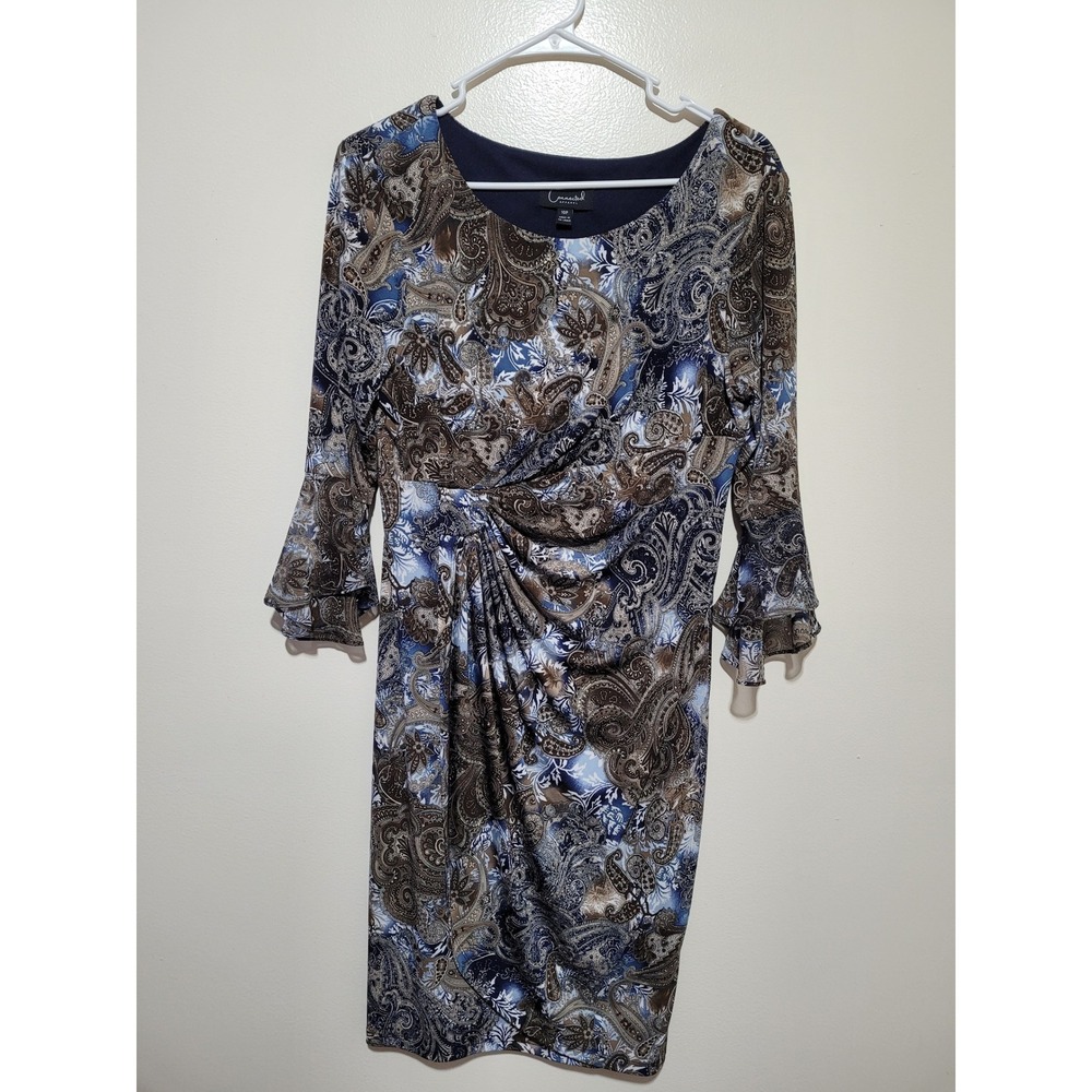 Connected Apparel Sheath Dress Womens 10P Blue Paisley Faux Wrap Bell Sleeve